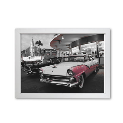 Vintage Pink And White Car Modern Print White Grain