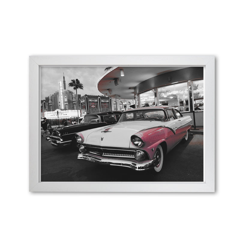 Vintage Pink And White Car Modern Print White Grain