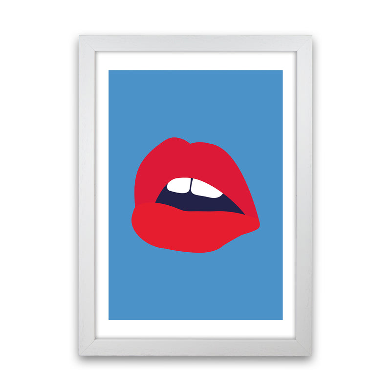 Red Lips Blue Back  Art Print by Pixy Paper White Grain