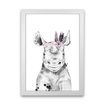 Safari Babies Rhino With Head Feathers  Art Print by Pixy Paper White Grain