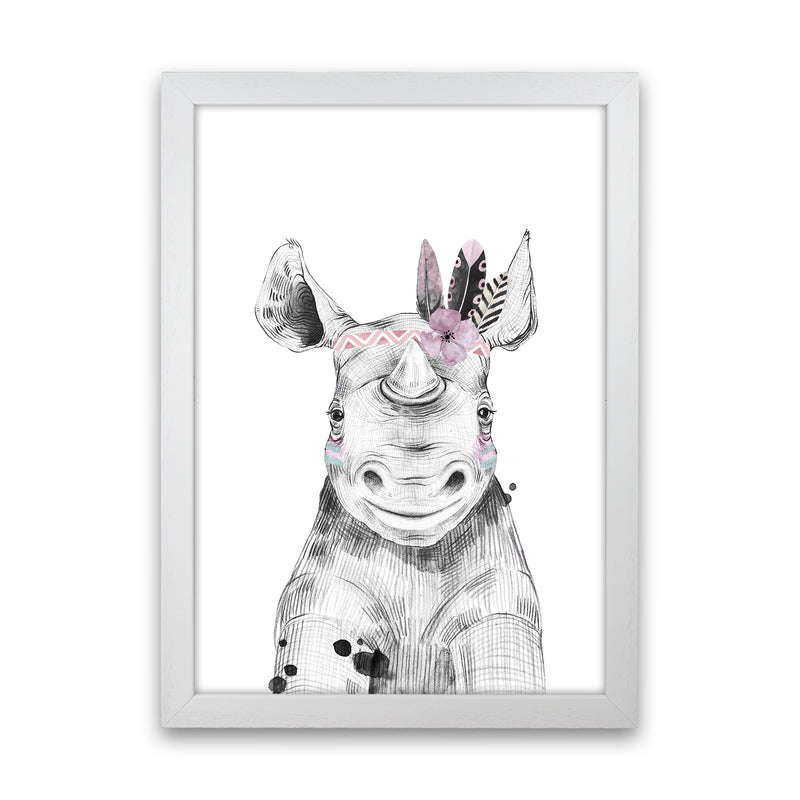 Safari Babies Rhino With Head Feathers  Art Print by Pixy Paper White Grain