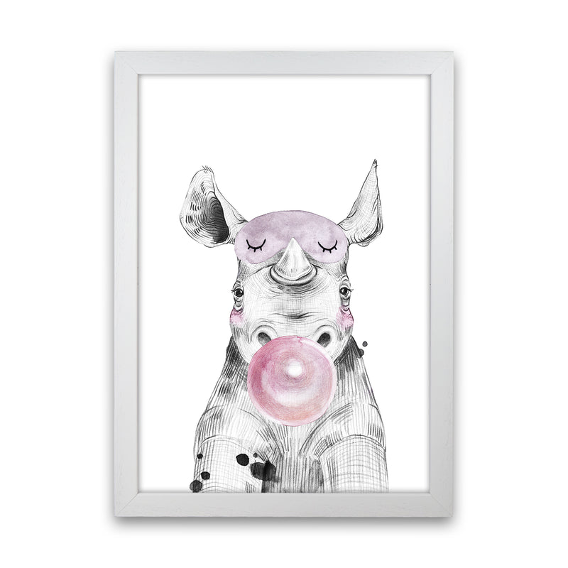 Safari Babies Rhino With Bubble  Art Print by Pixy Paper White Grain