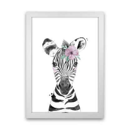 Safari Babies Zebra With Flower  Art Print by Pixy Paper White Grain