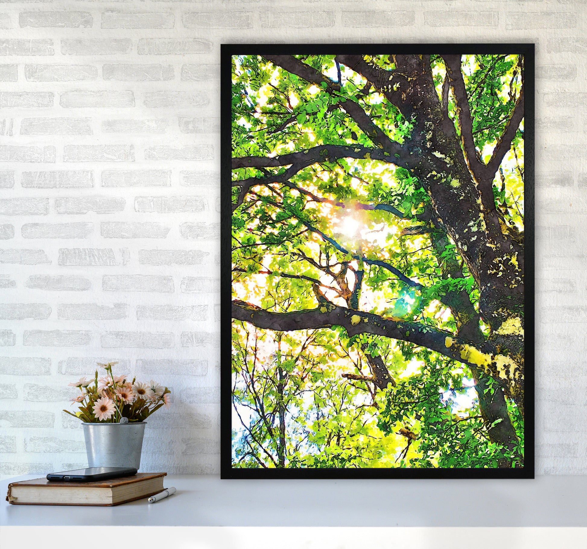 Sun through green leaves A1 White Frame