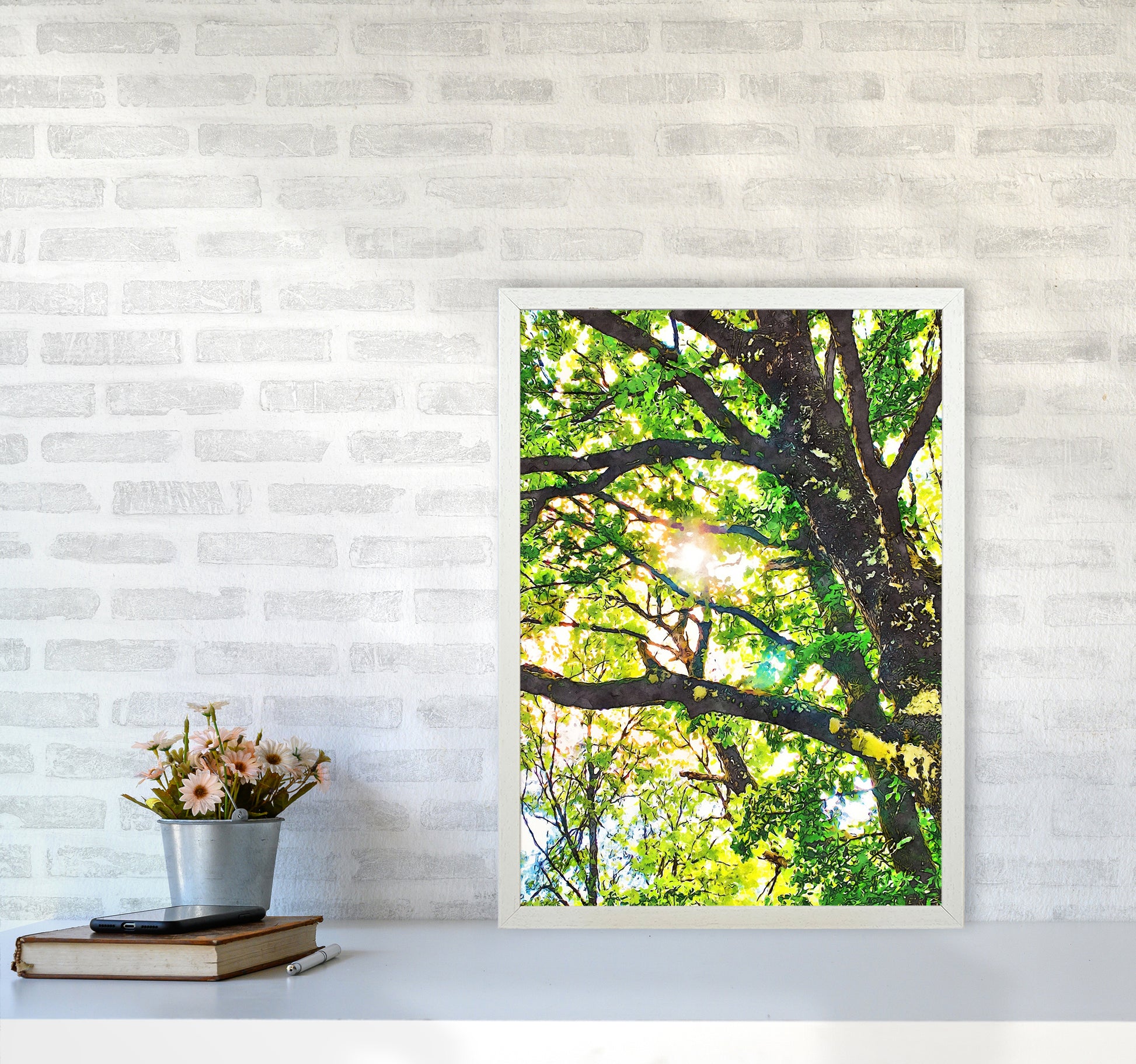 Sun through green leaves A2 Oak Frame
