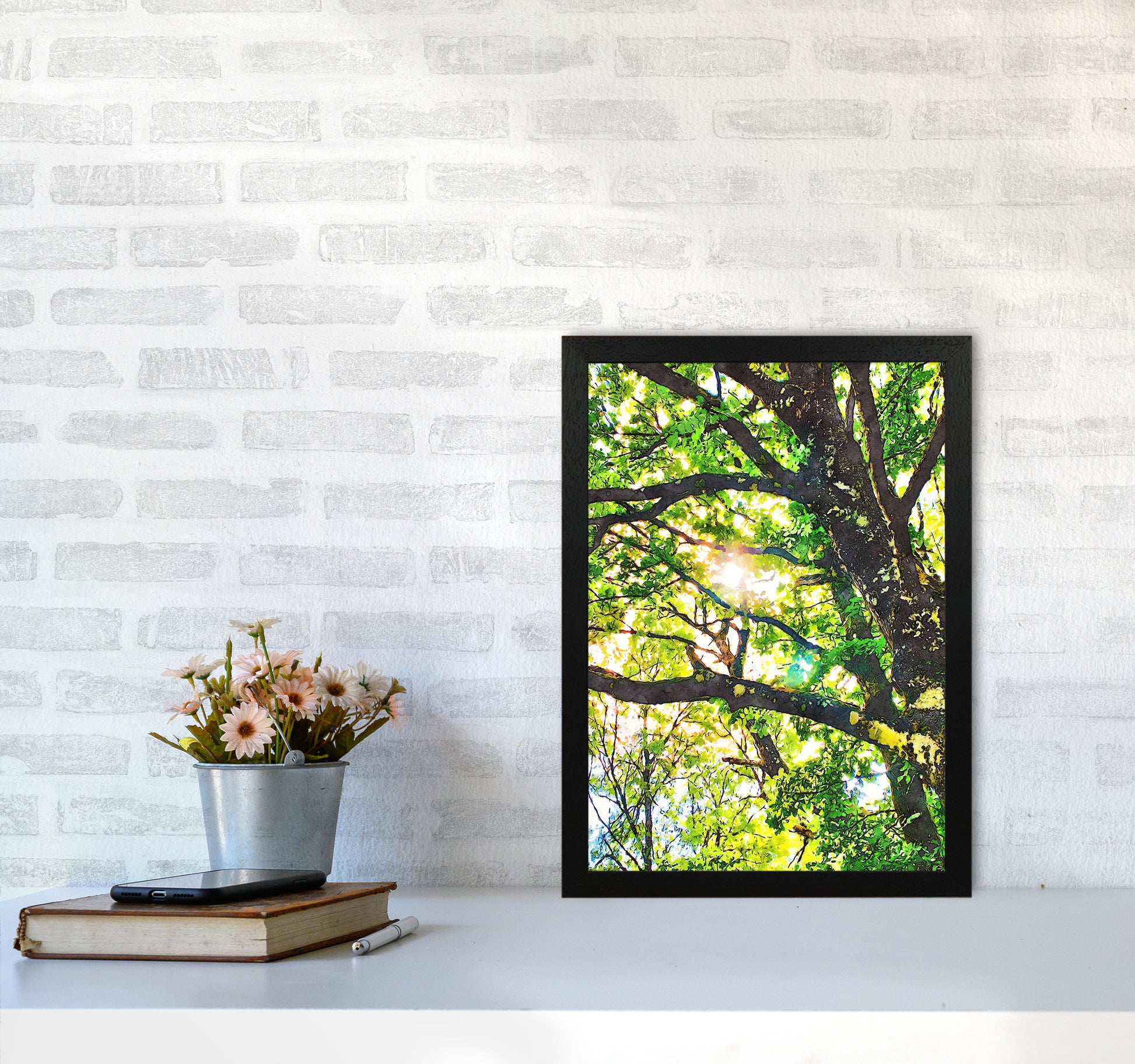 Sun through green leaves A3 White Frame