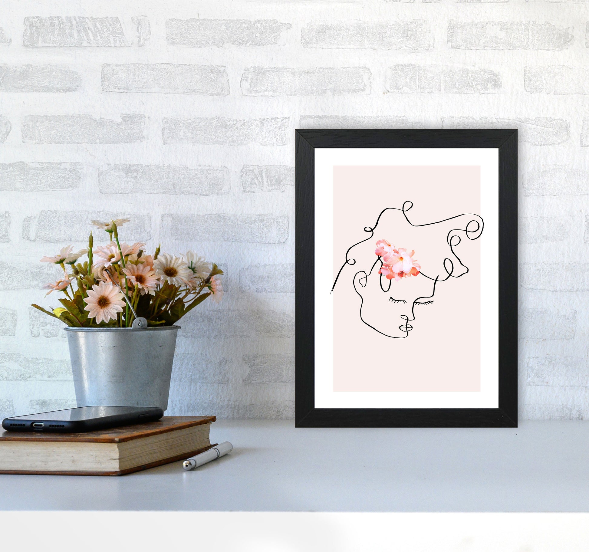 Semiprofile Messy Hair Blush Flower By Planeta444 A4 White Frame