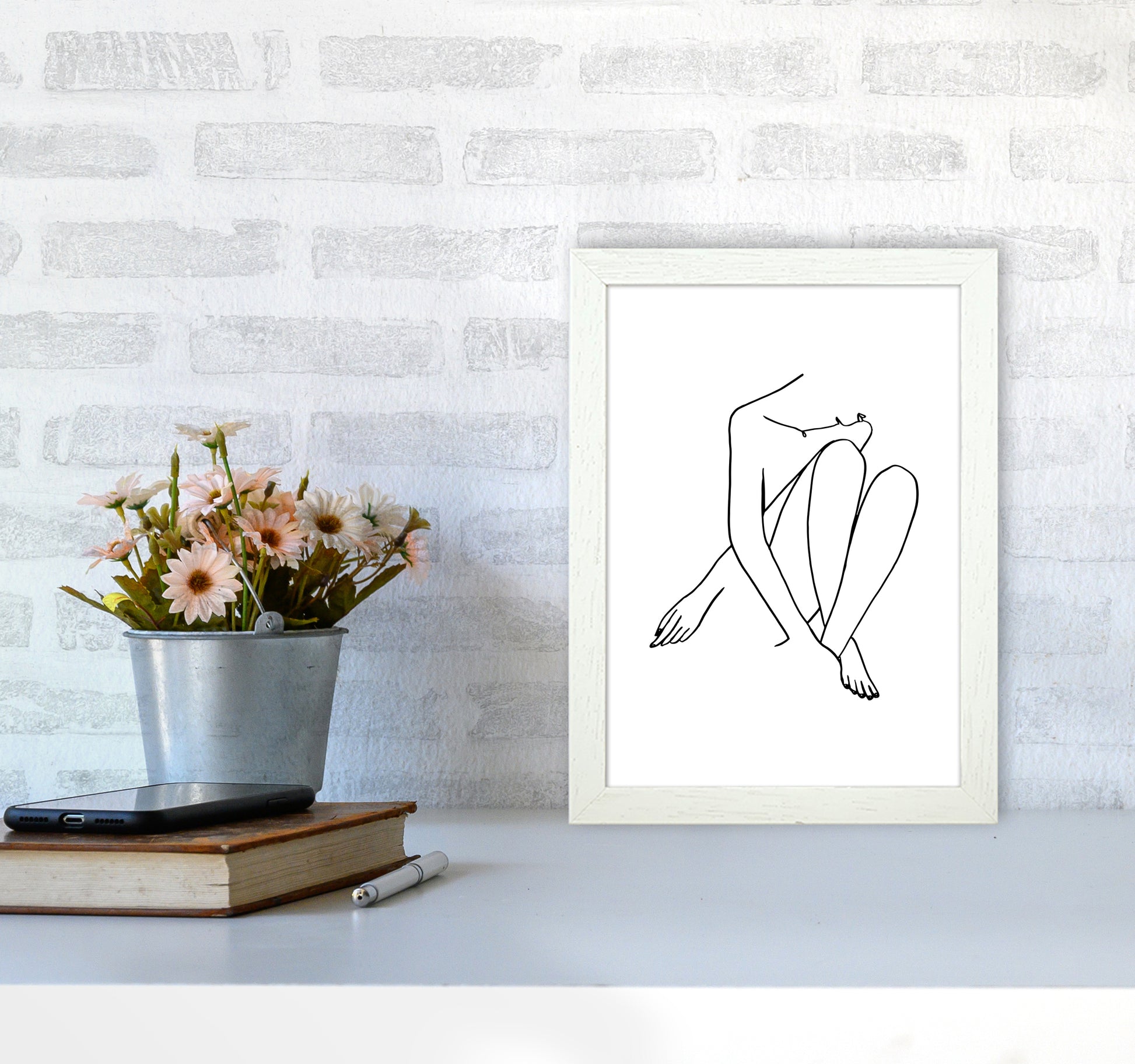 Legs Crossed Looking Down By Planeta444 A4 Oak Frame