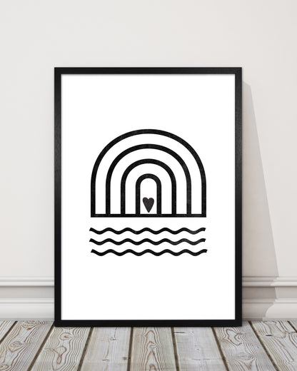 Rainbow Heart Waves BW Art