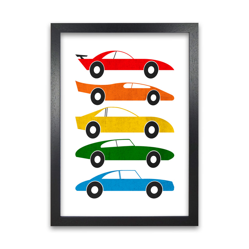 Mid Century Cars on White A1 Black Grain Frame