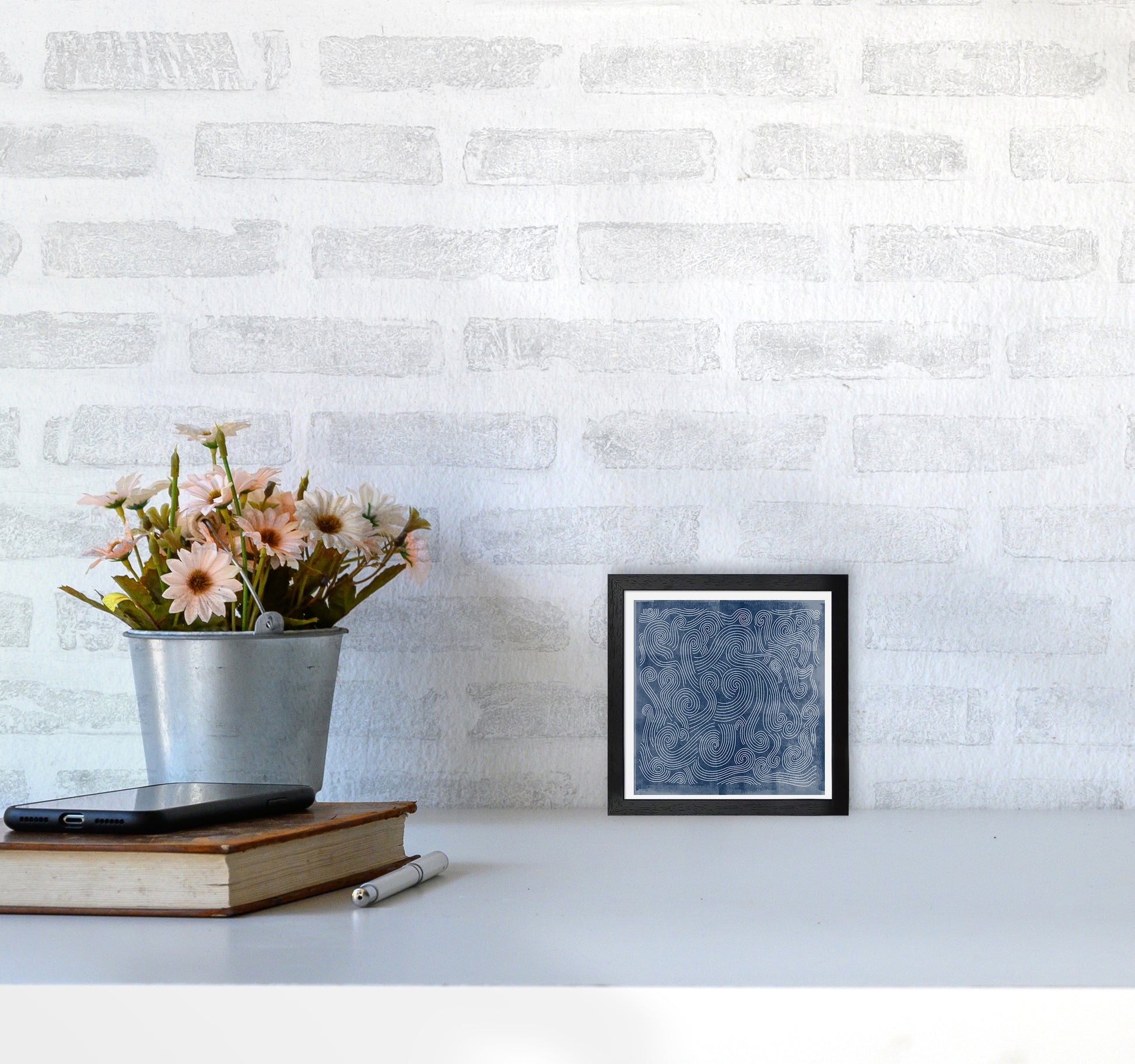 Square Blue Waves Abstract Wall3030 White Frame