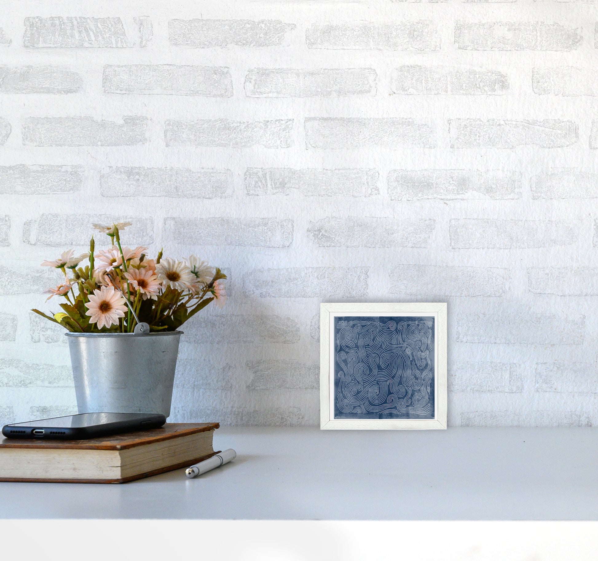 Square Blue Waves Abstract Wall3030 Oak Frame