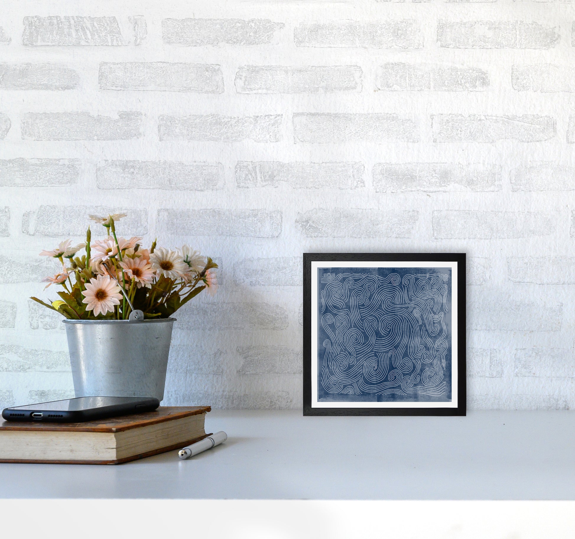 Square Blue Waves Abstract Wall4040 White Frame