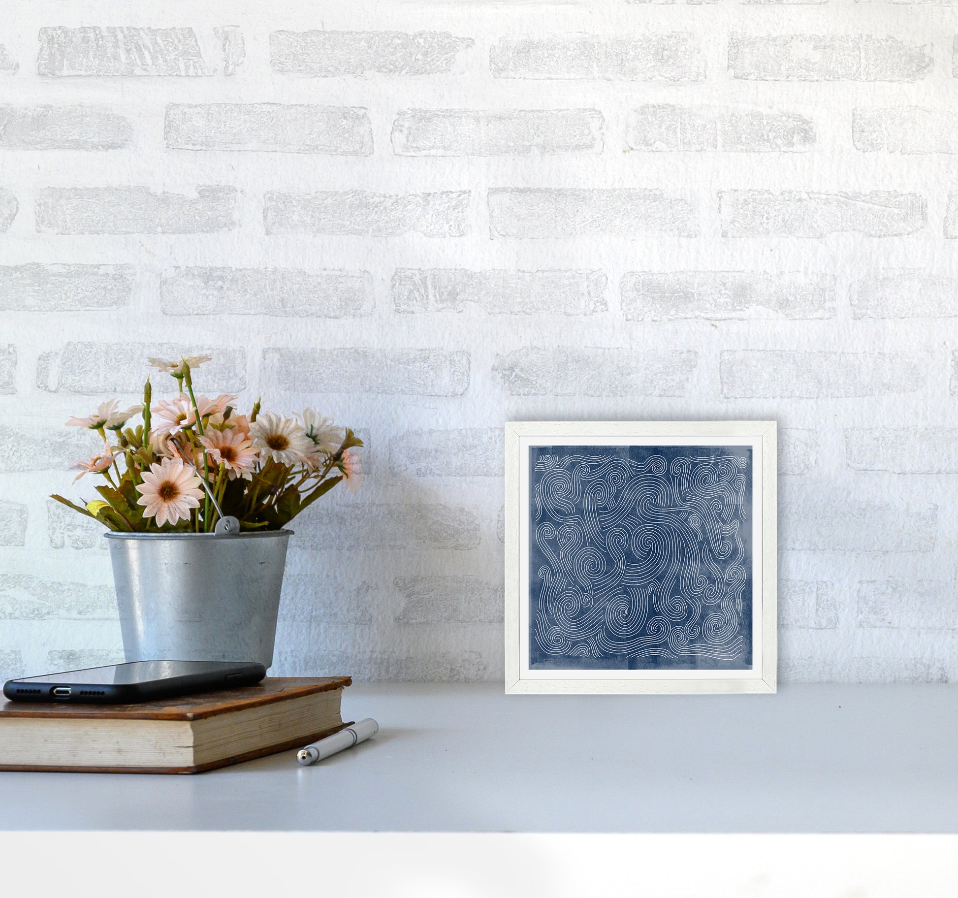 Square Blue Waves Abstract Wall4040 Oak Frame