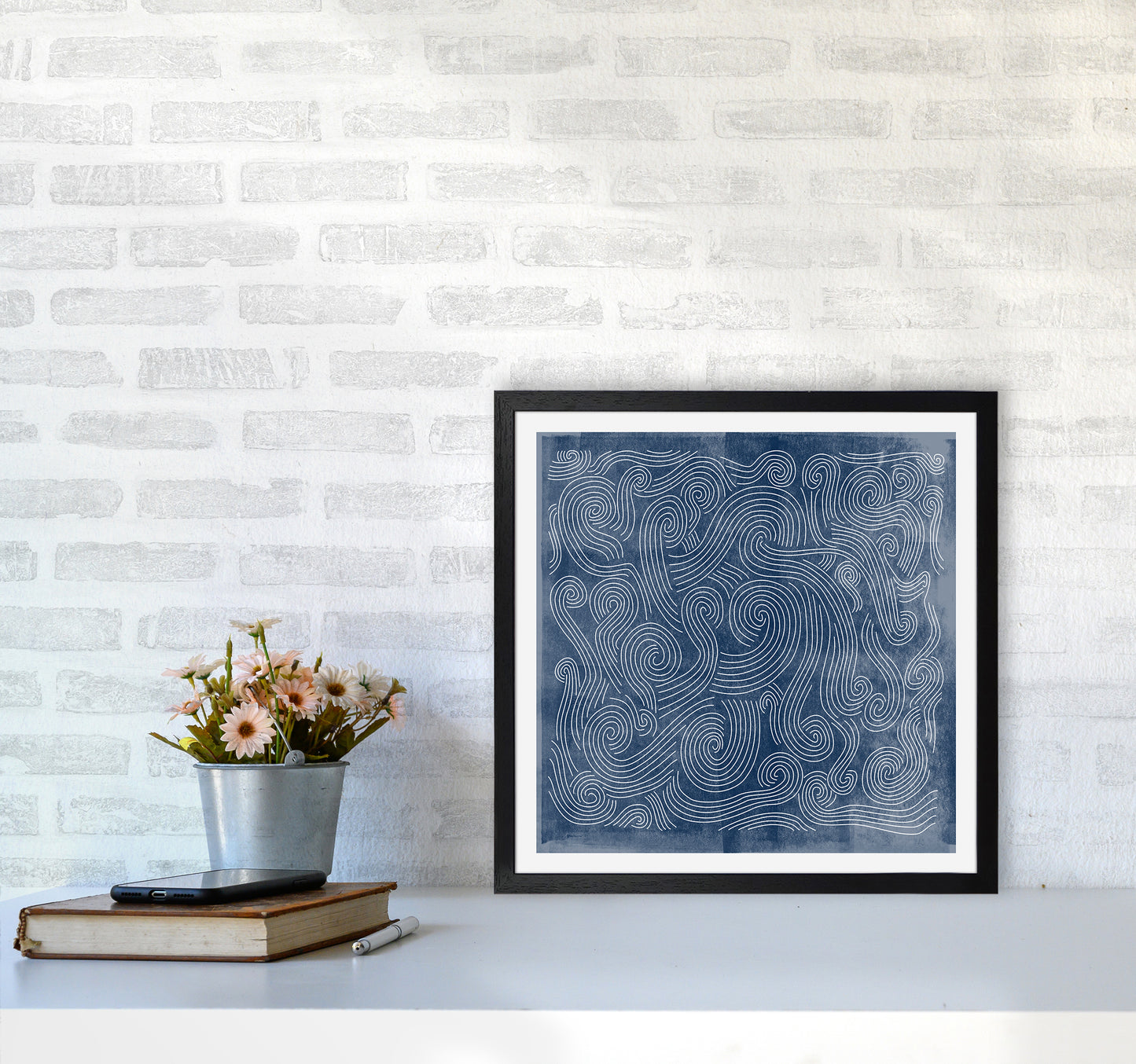Square Blue Waves Abstract Wall5050 White Frame