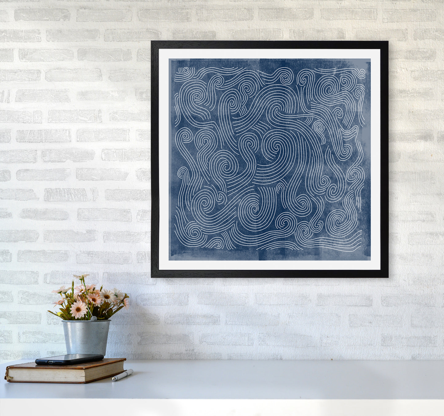 Square Blue Waves Abstract Wall6060 White Frame