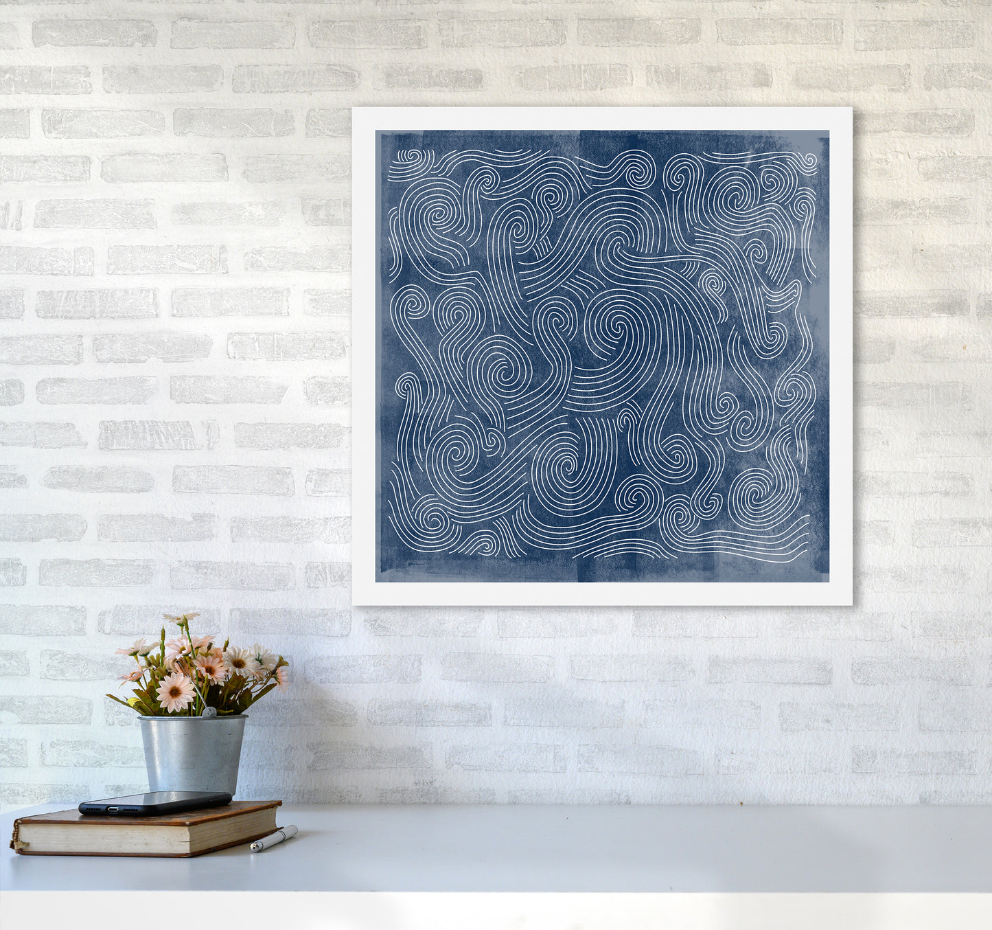 Square Blue Waves Abstract Wall6060 Black Frame