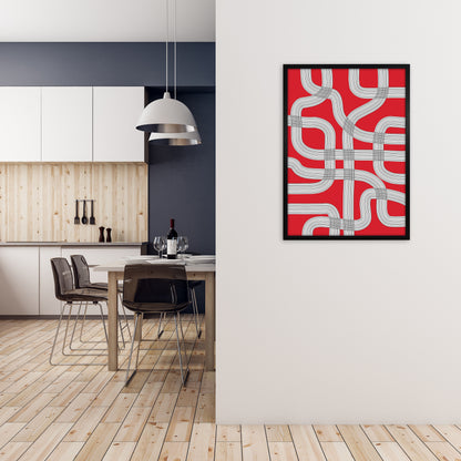 Red Black and White Abstract A1 White Frame