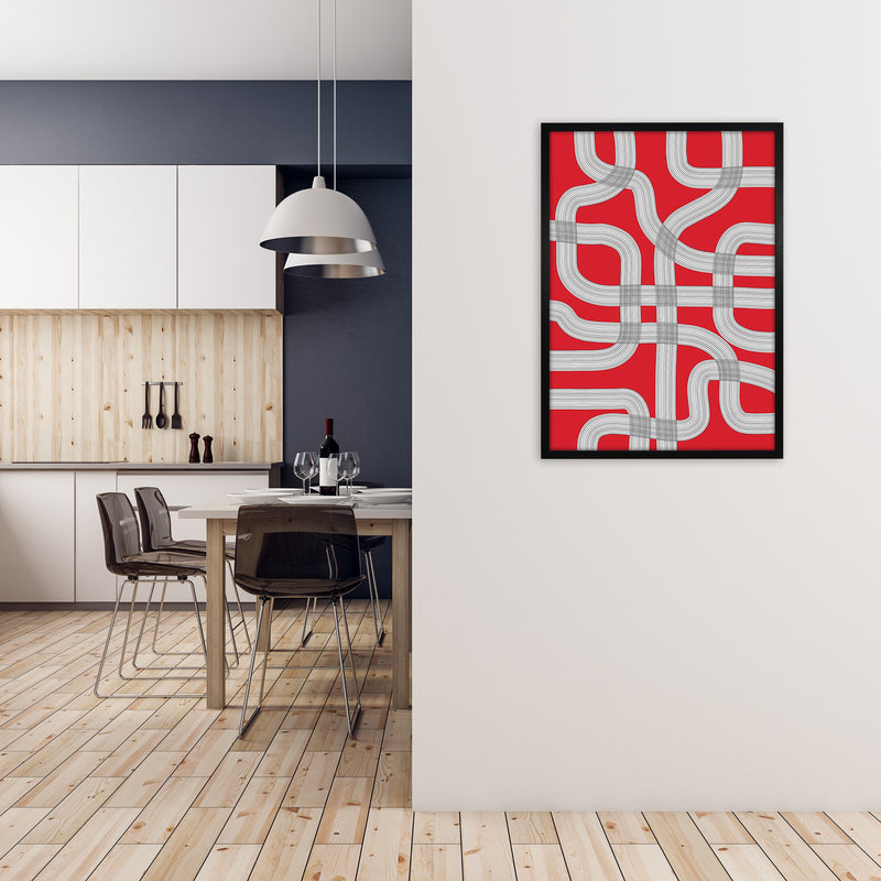 Red Black and White Abstract A1 White Frame