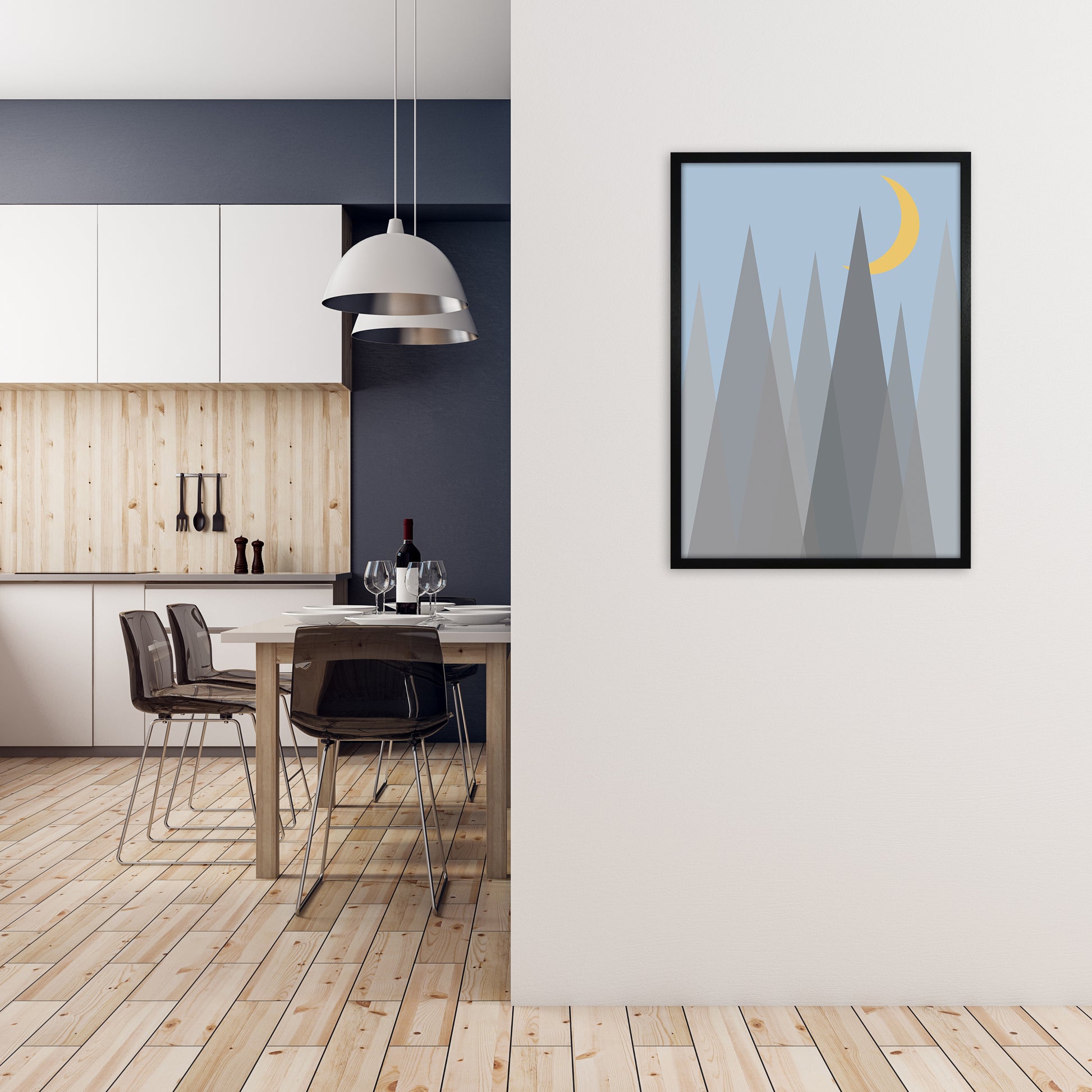 Day and Night Nursery Mid Century Modern Art Prints Night B A1 White Frame