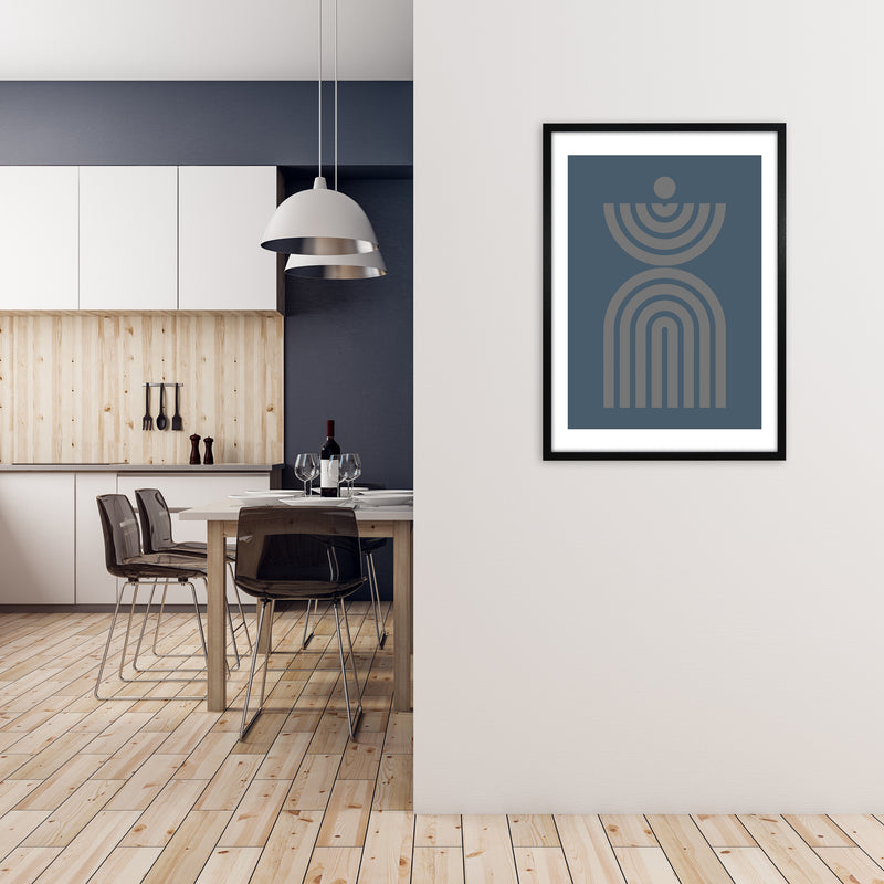 Mid Century Grey and Blue Wall Art Prints C A1 White Frame