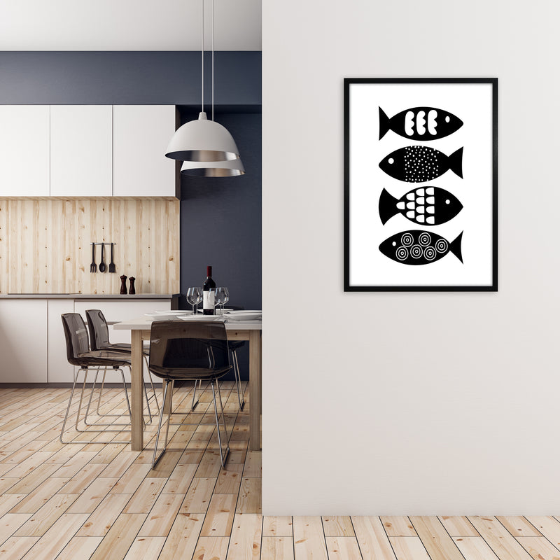 Black and White Scandi Fish A1 White Frame