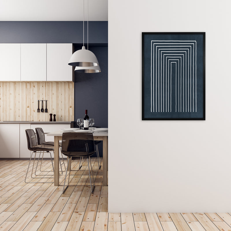 Lino Style Blue Geometric Lines A1 White Frame
