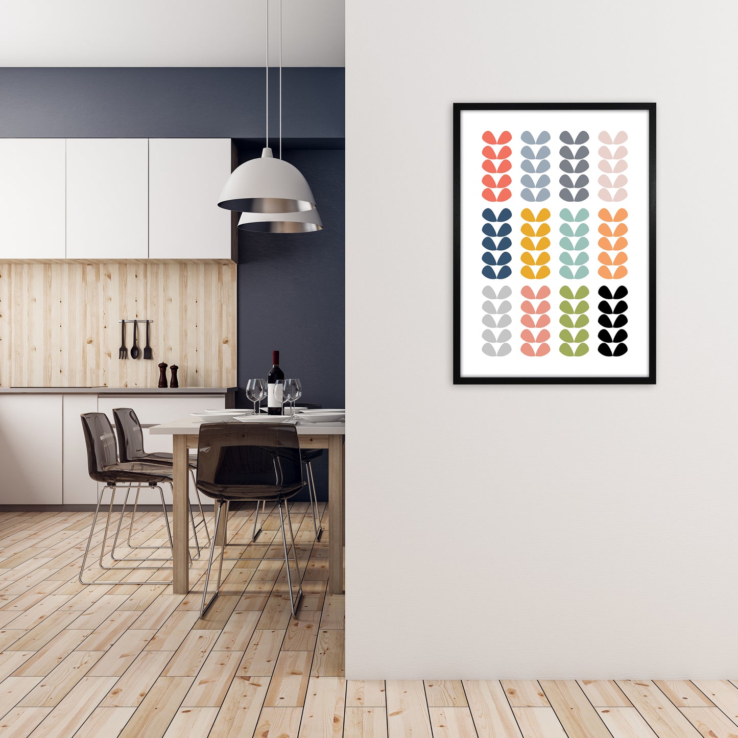 Scandinavian Folk Rainbow Leaves Original A1 White Frame