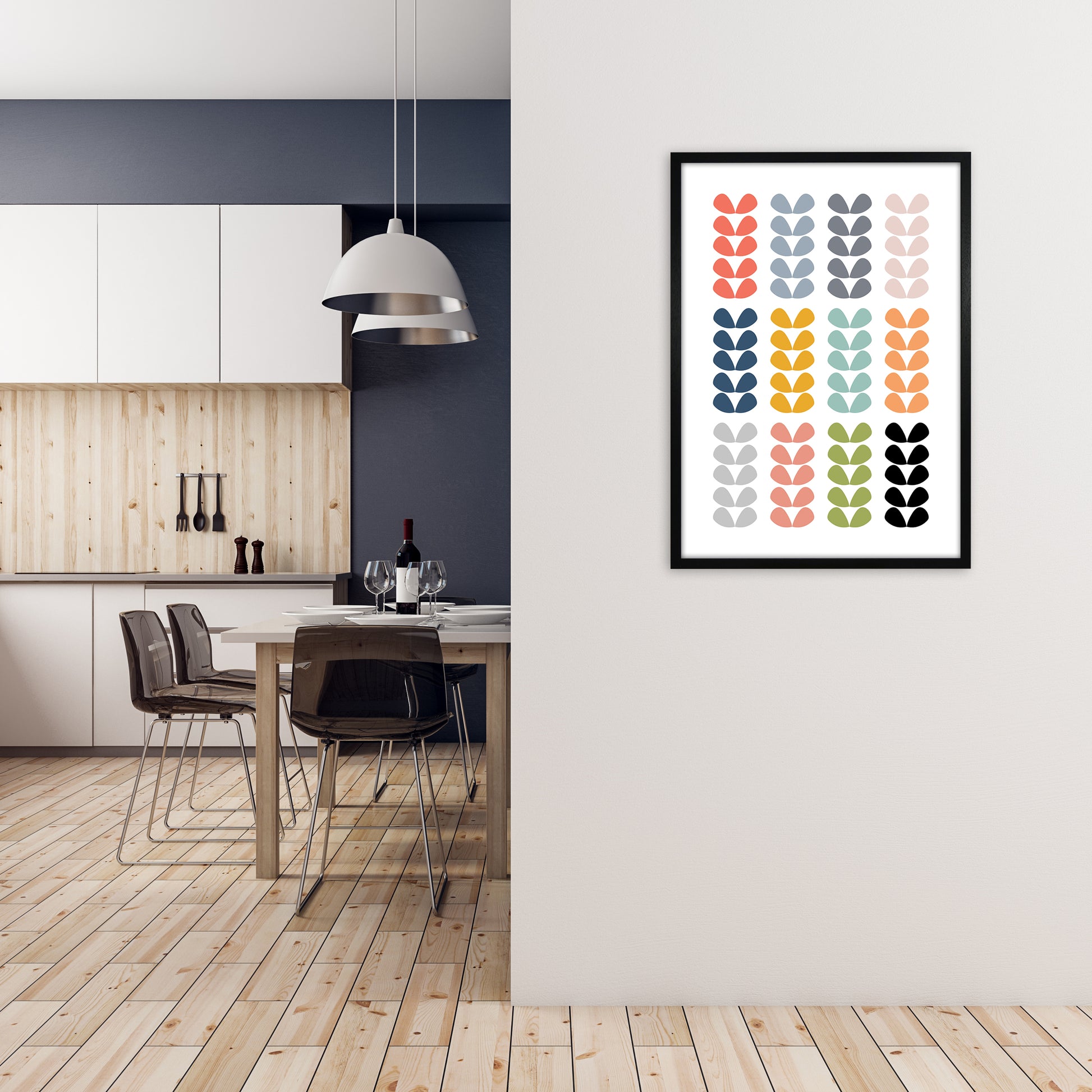 Scandinavian Folk Rainbow Leaves Original A1 White Frame