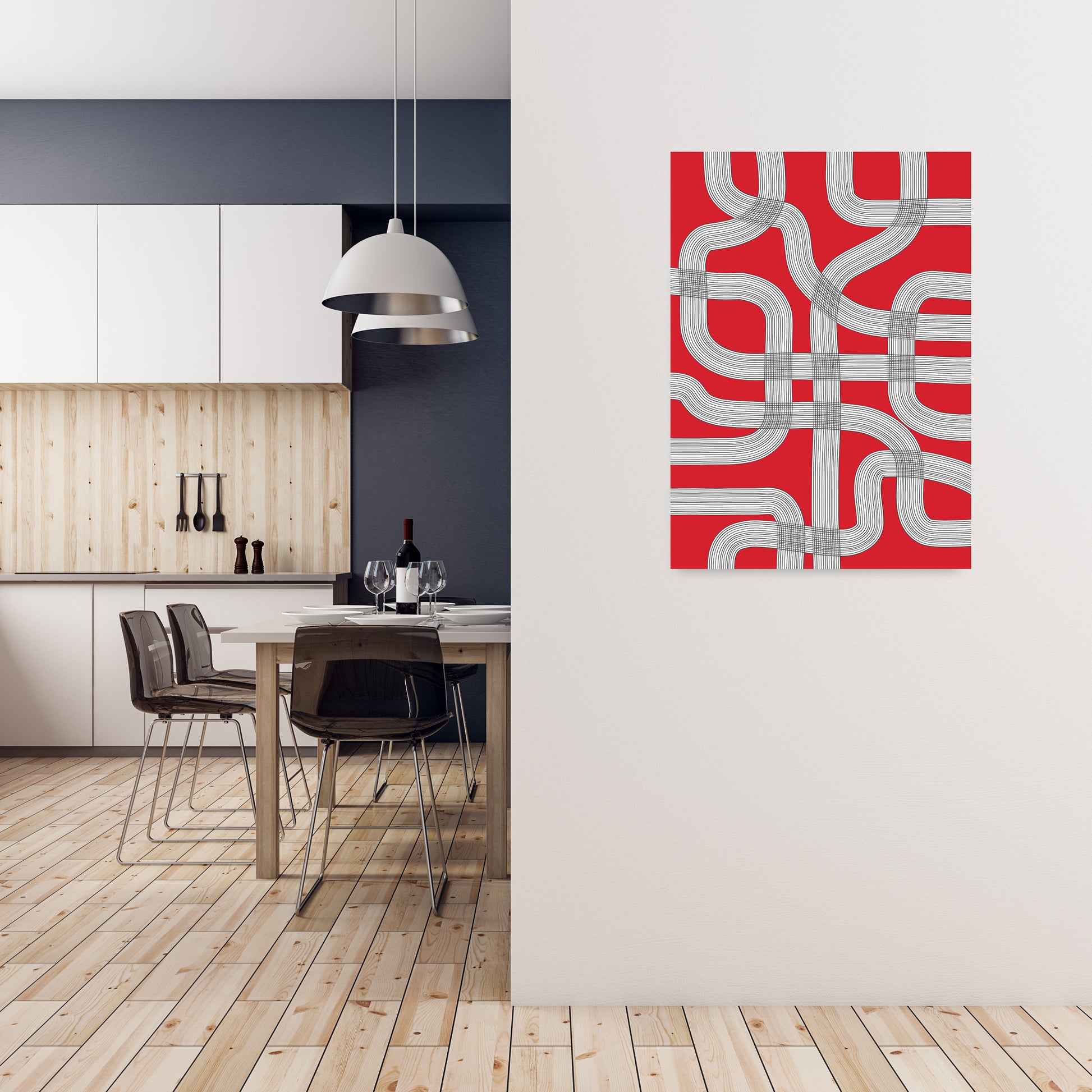 Red Black and White Abstract A1 Black Frame