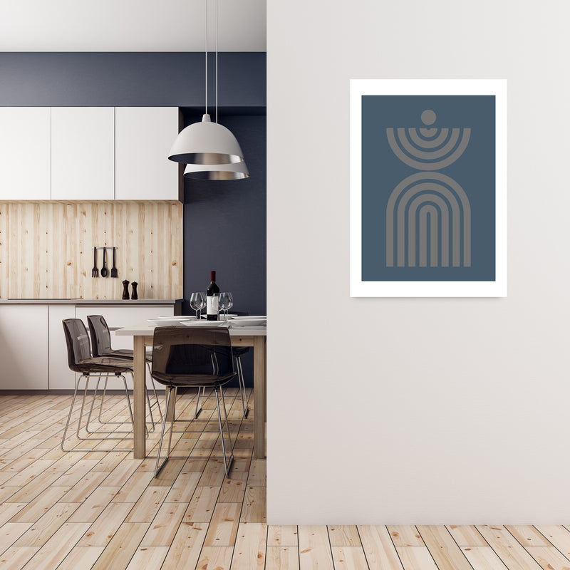 Mid Century Grey and Blue Wall Art Prints C A1 Black Frame