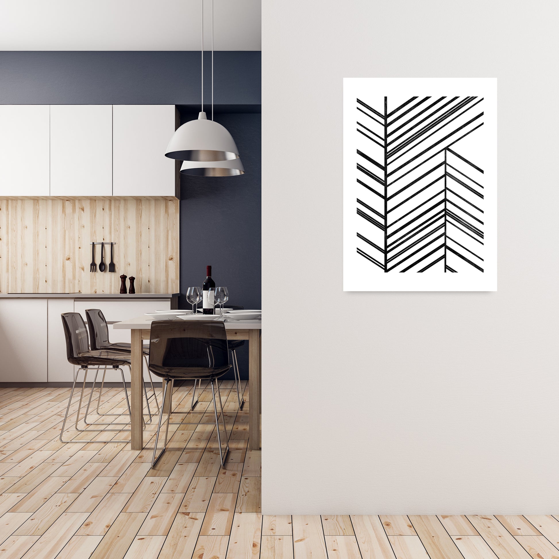 Black White Rough Line Print A1 Black Frame