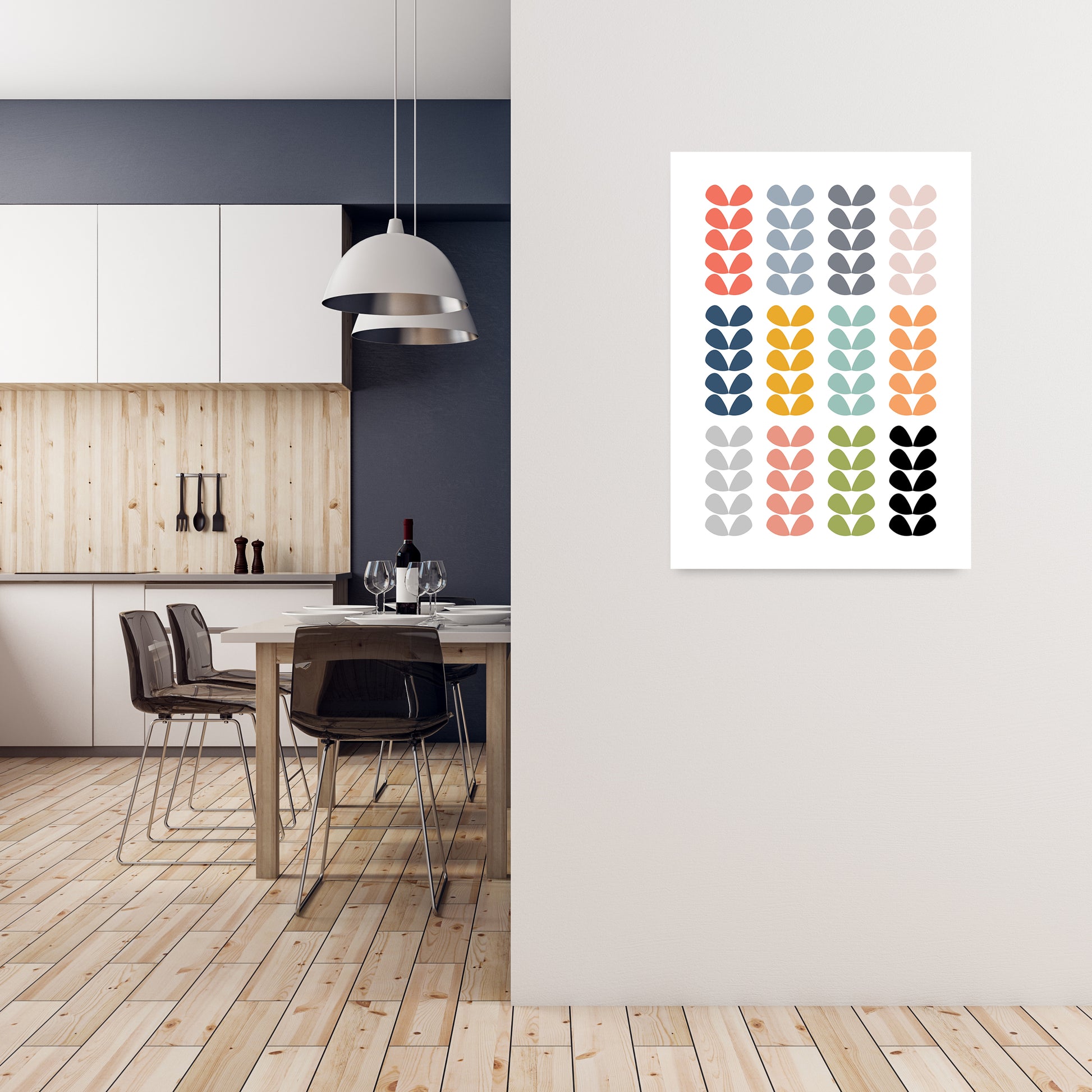 Scandinavian Folk Rainbow Leaves Original A1 Black Frame