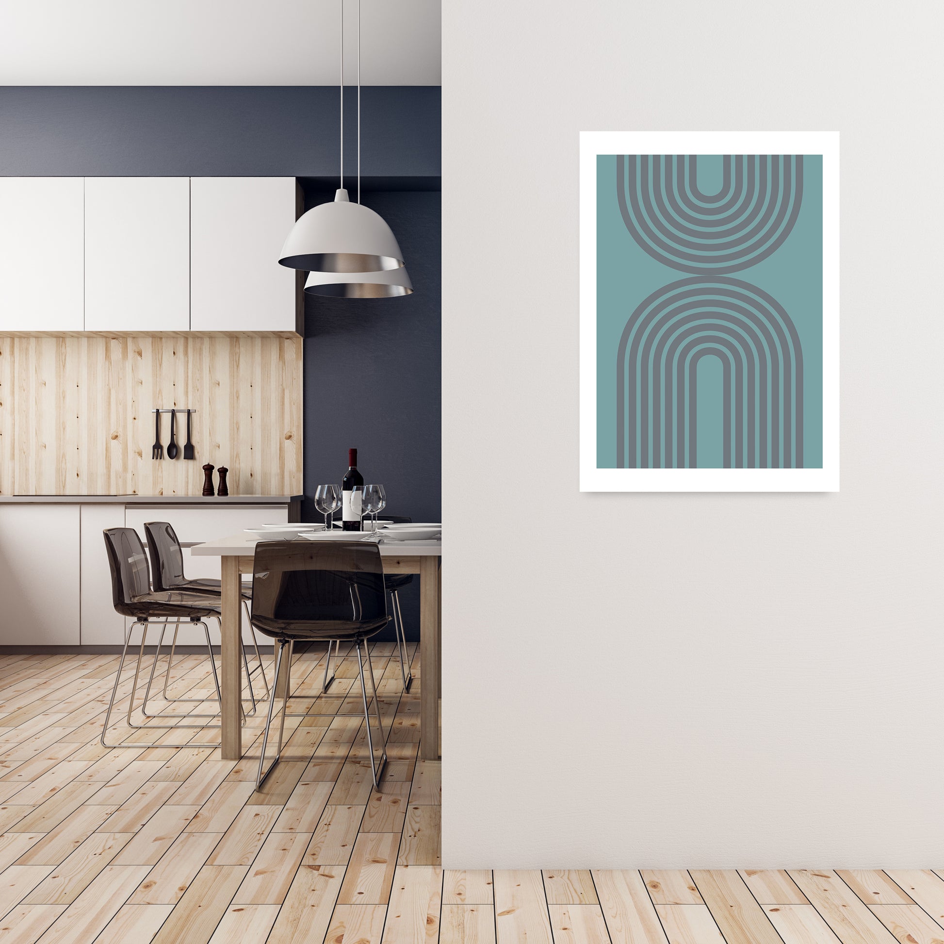 Grey and Blue Modern Rainbow A1 Black Frame