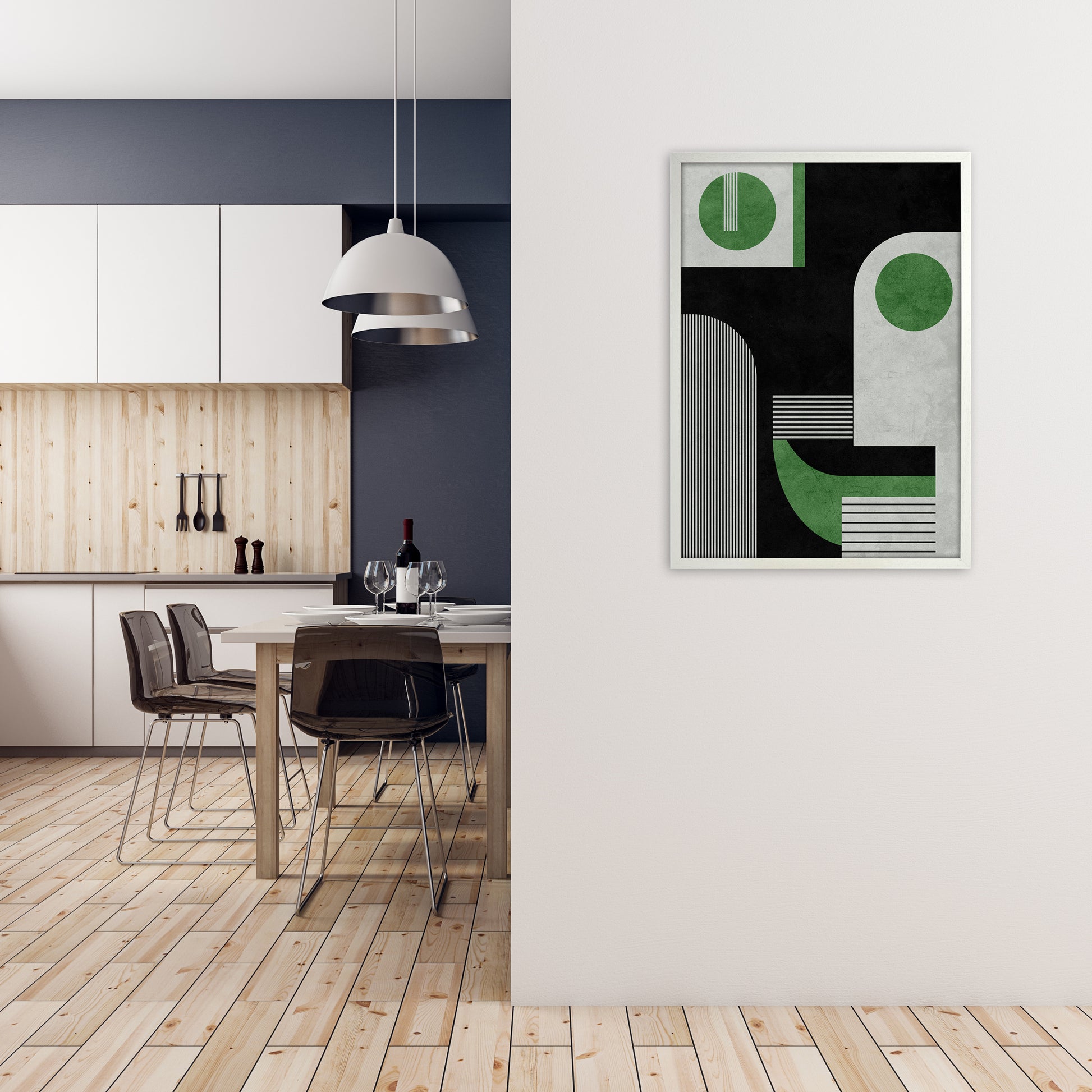 Mid Century Green Black Block Prints Set of 2 B A1 Oak Frame