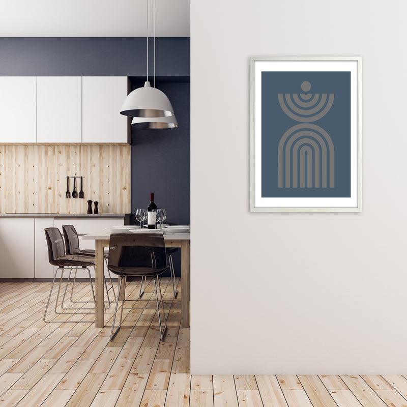 Mid Century Grey and Blue Wall Art Prints C A1 Oak Frame