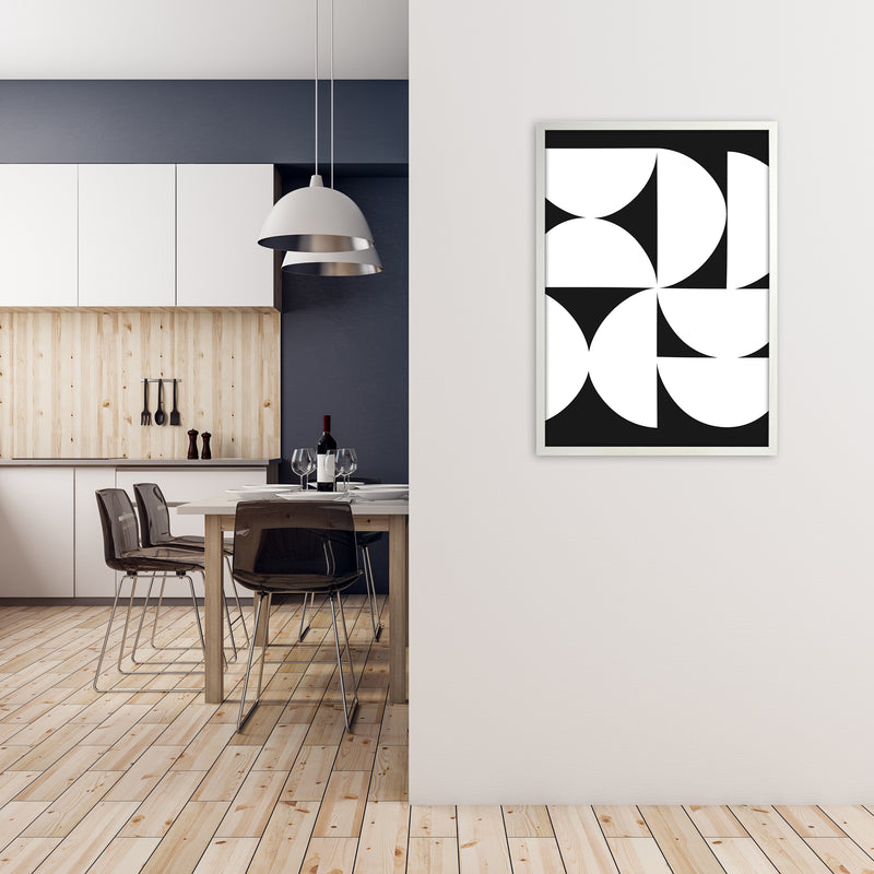 Abstract Black and White Half Circles Original Art Print by Print Punk Studio A1 Oak Frame