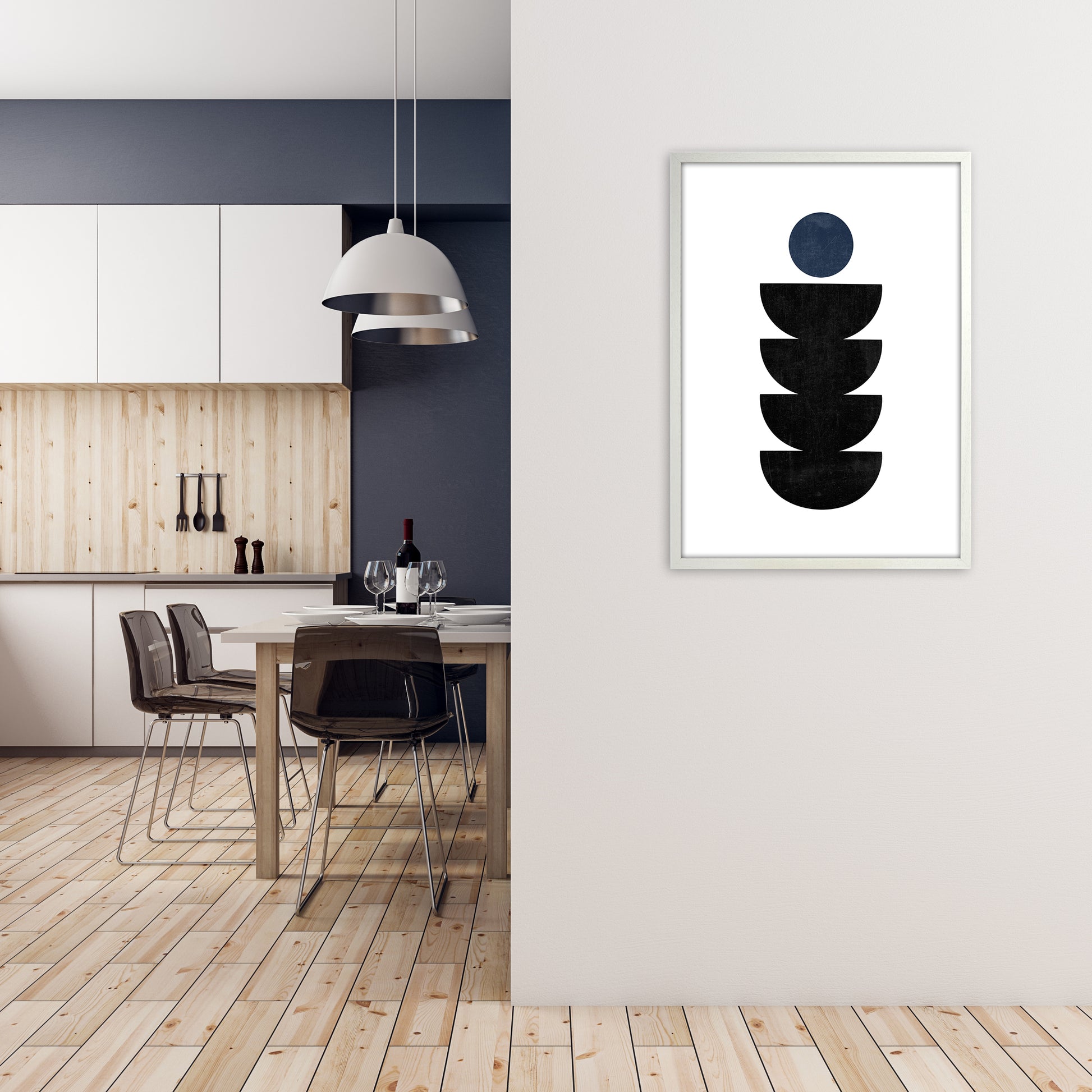 Mid Century Shapes Navy Dot A1 Oak Frame