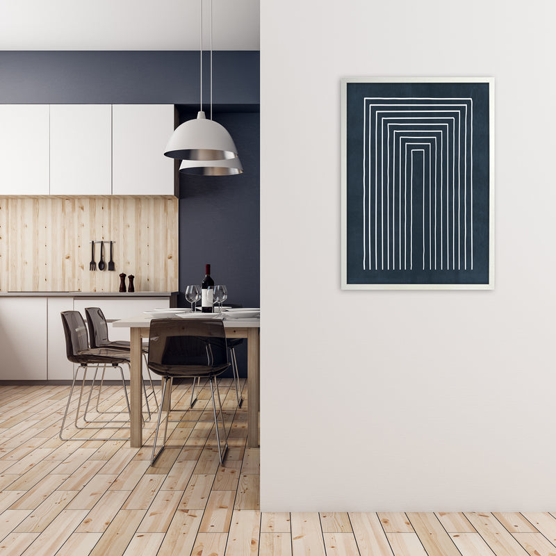 Lino Style Blue Geometric Lines A1 Oak Frame