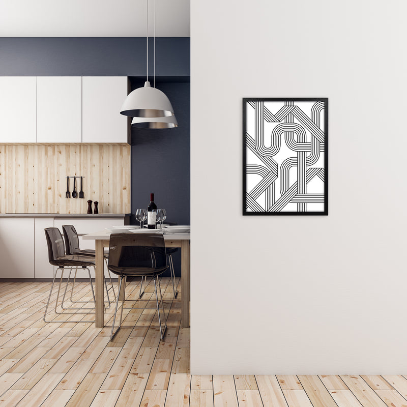 Black and White Abstract Lines A2 White Frame