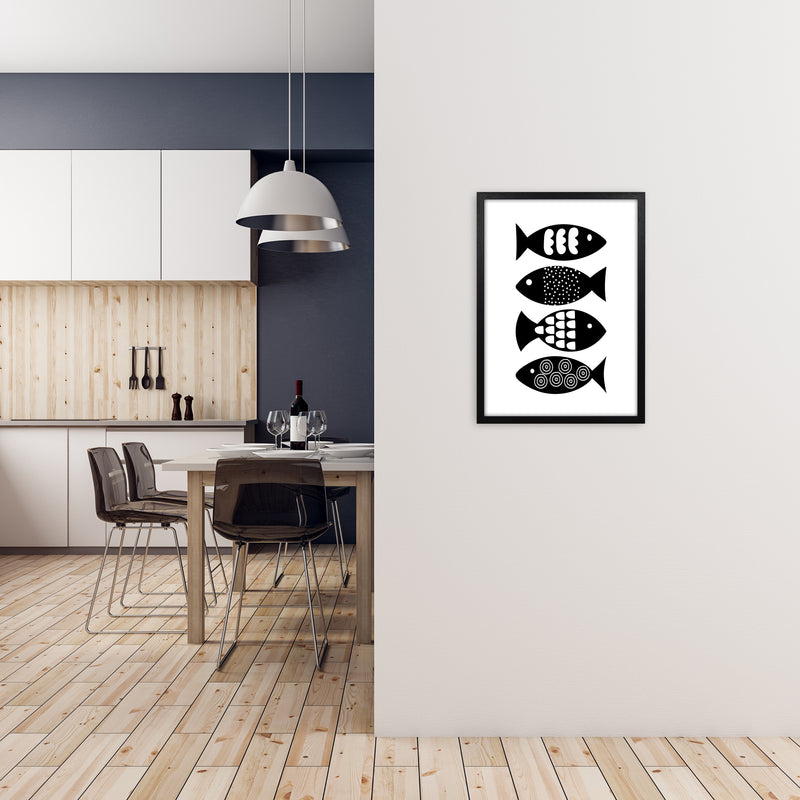 Black and White Scandi Fish A2 White Frame