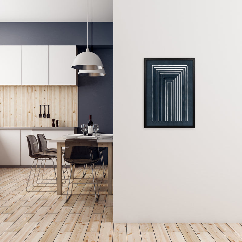 Lino Style Blue Geometric Lines A2 White Frame