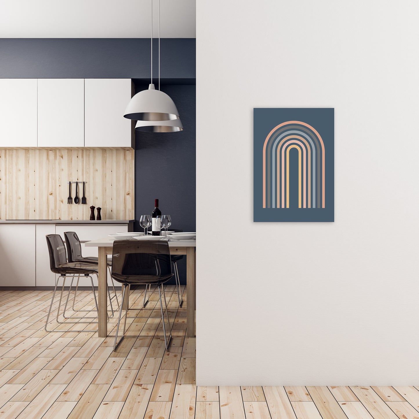 Mid Century Blue Wall Art Print A A2 Black Frame