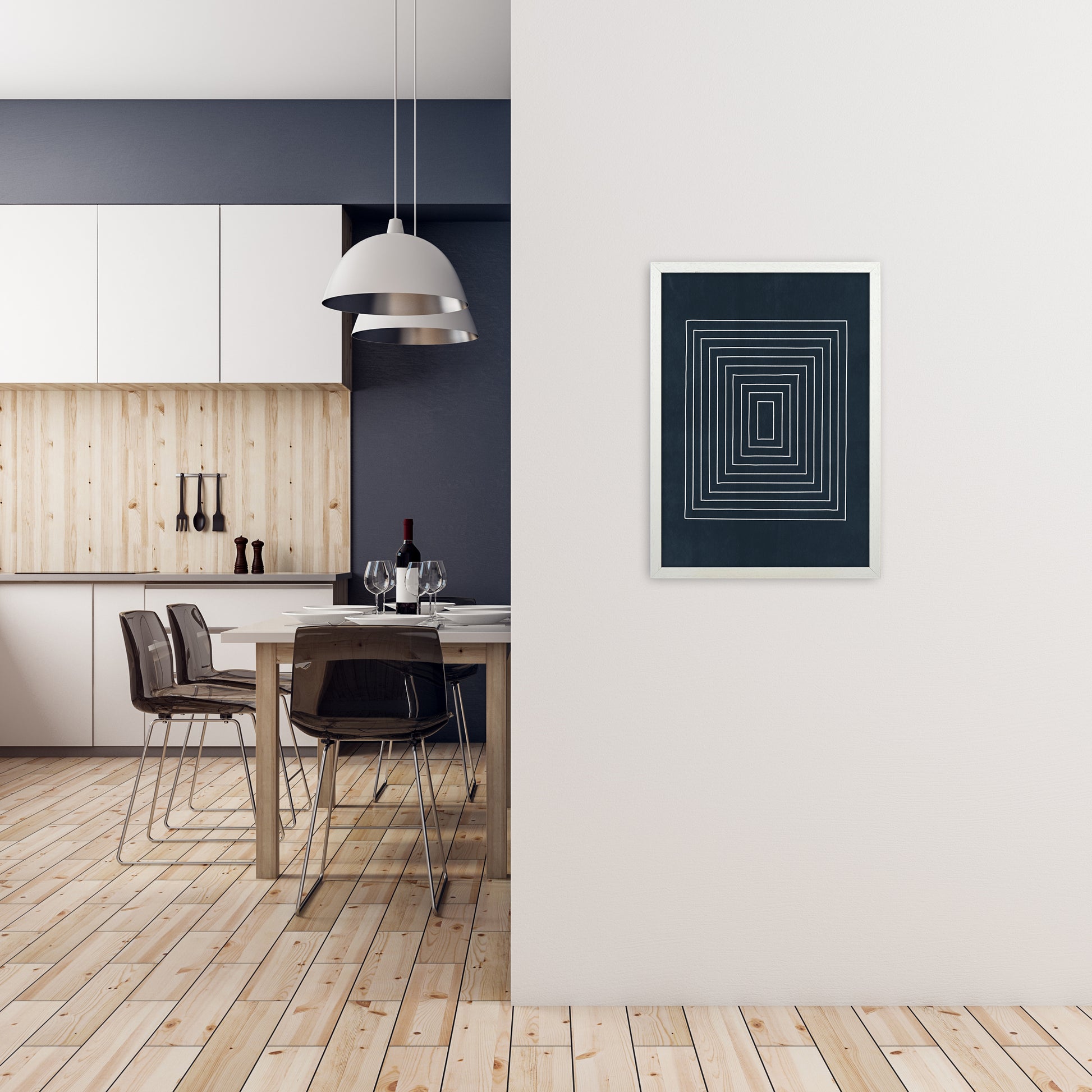 Lino Style Blue Geometric Squares A2 Oak Frame