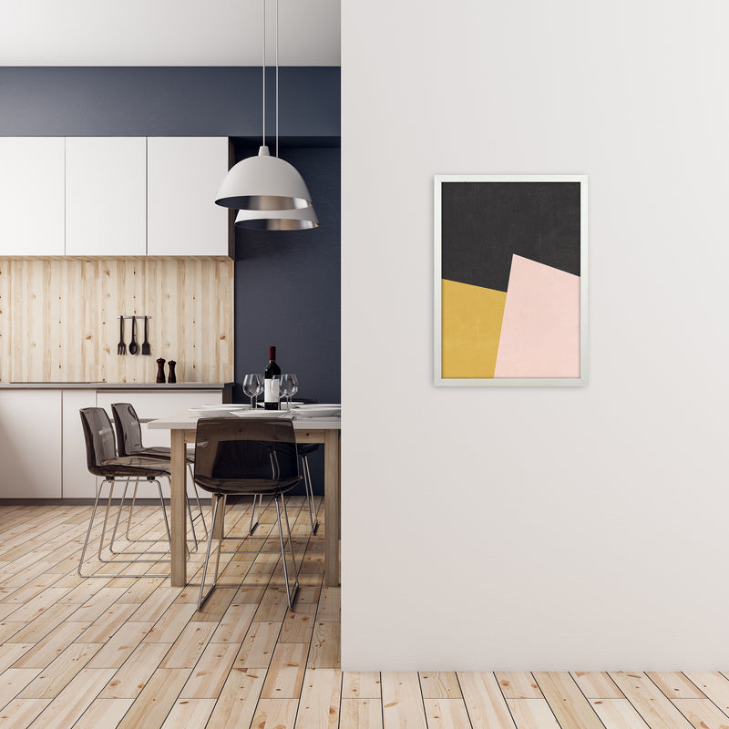 Yellow Pink and Black Abstract A2 Oak Frame