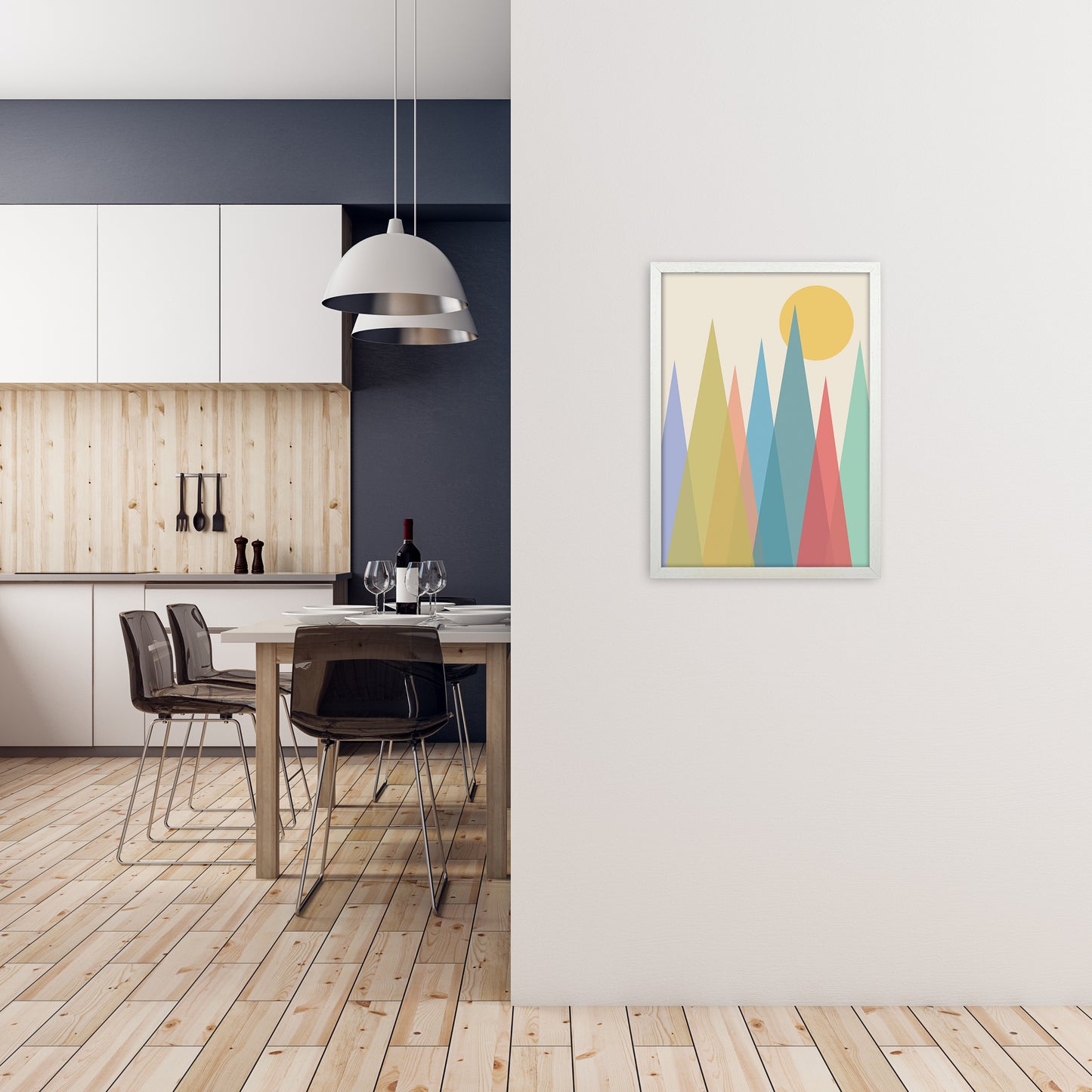 Day and Night Nursery Mid Century Modern Art Prints Day A A2 Oak Frame