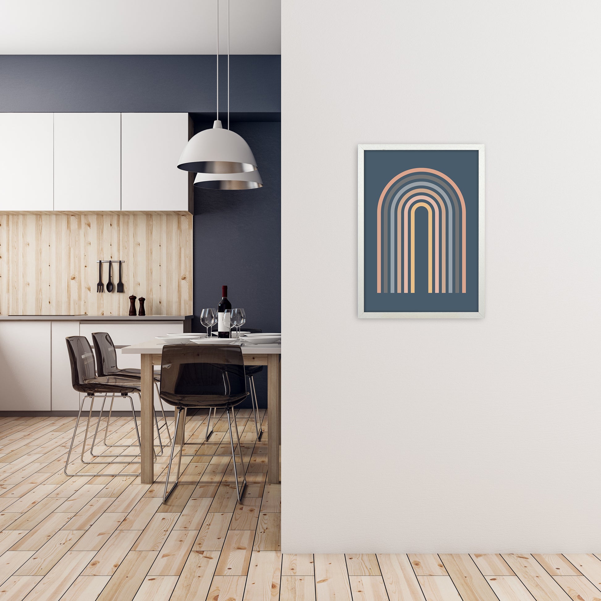 Mid Century Blue Wall Art Print A A2 Oak Frame