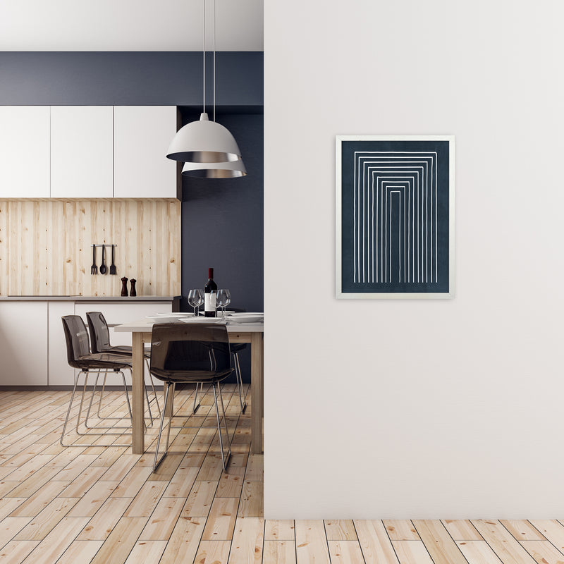 Lino Style Blue Geometric Lines A2 Oak Frame