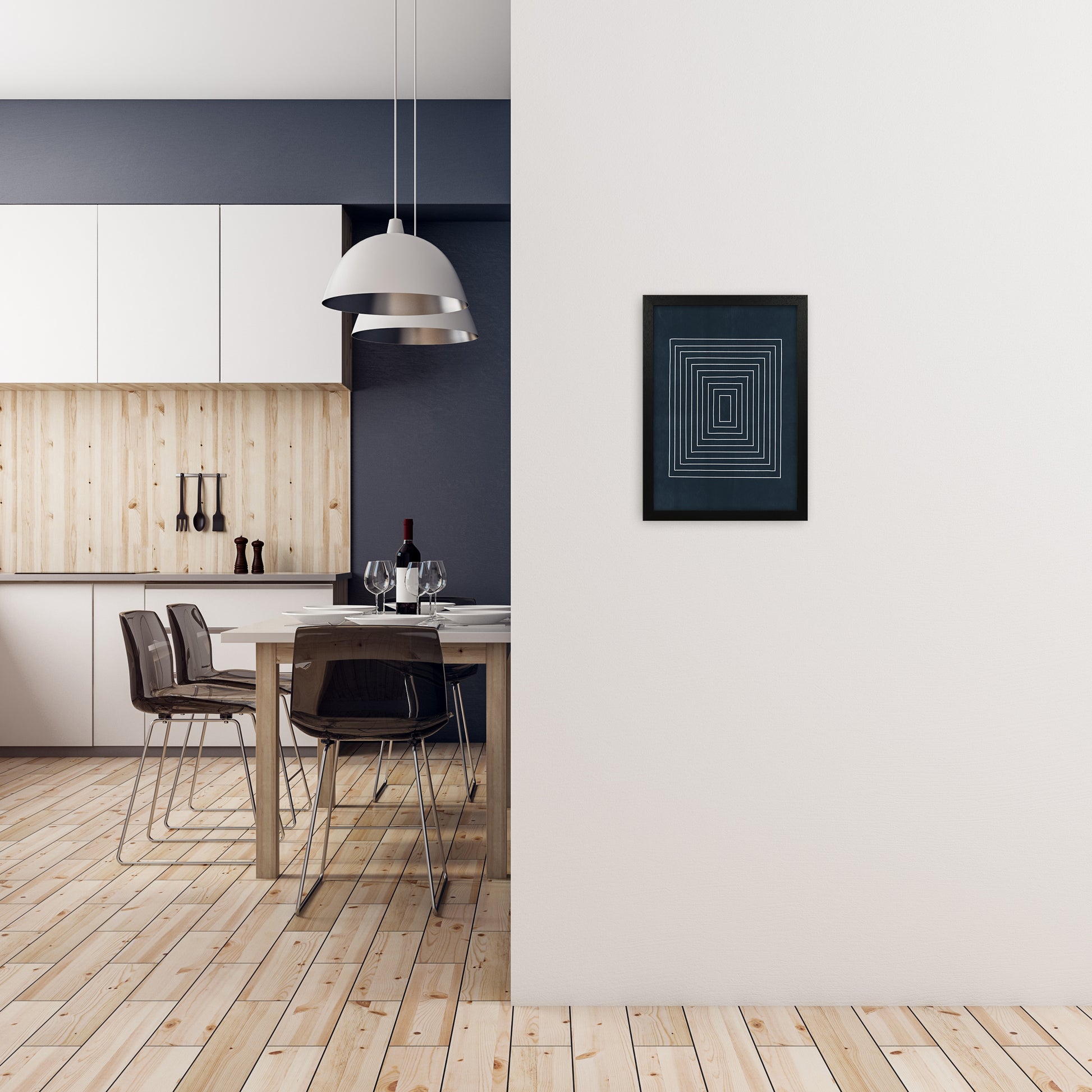 Lino Style Blue Geometric Squares A3 White Frame