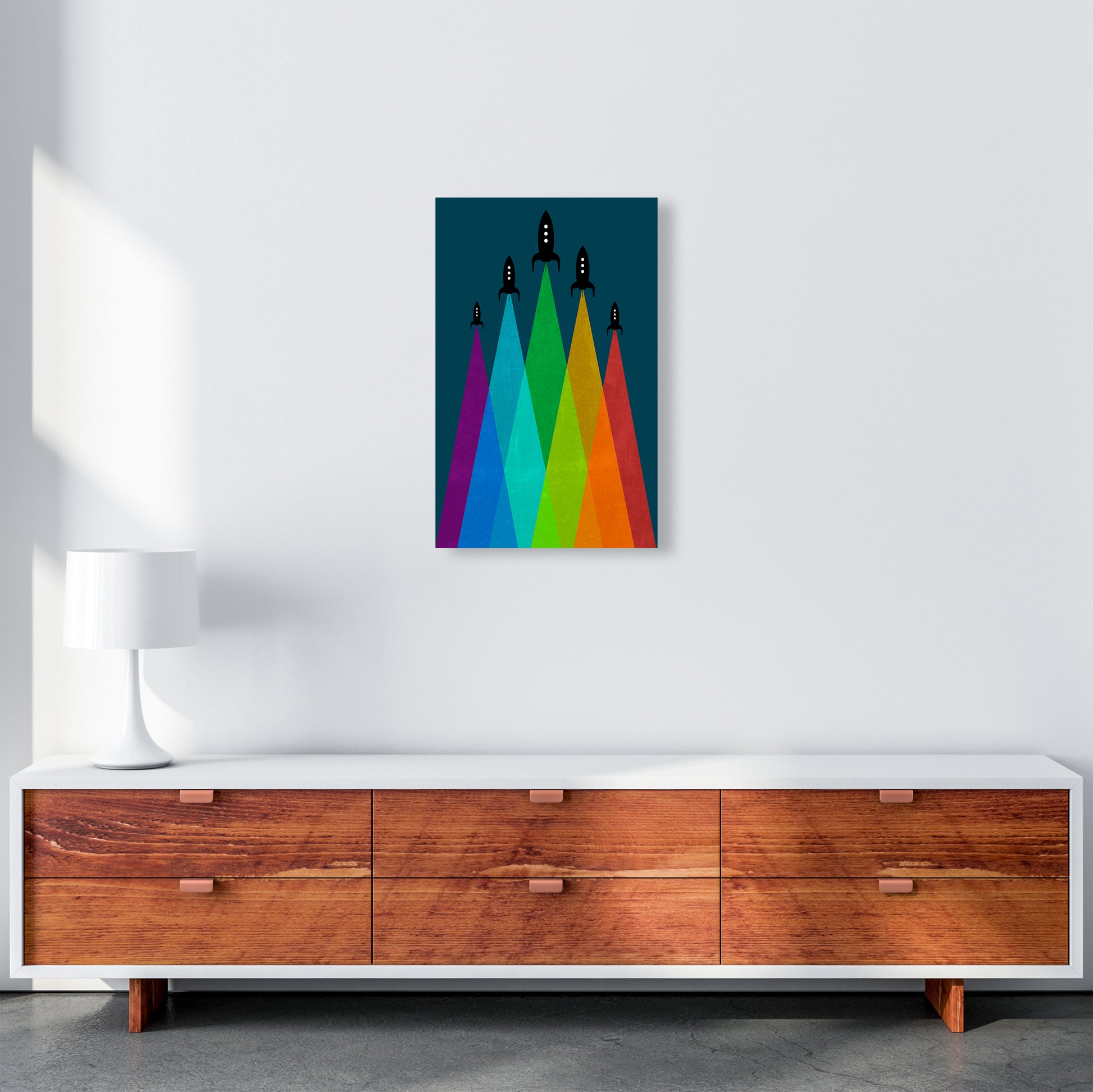 Rainbow and Navy Rocket B A3 Canvas